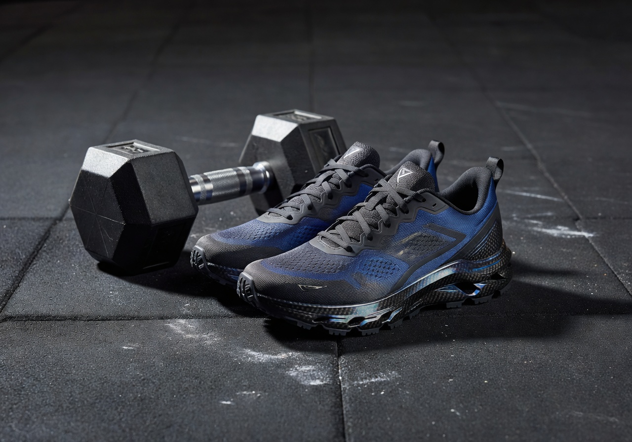 Advanced carbon plate running shoes next to dumbbell