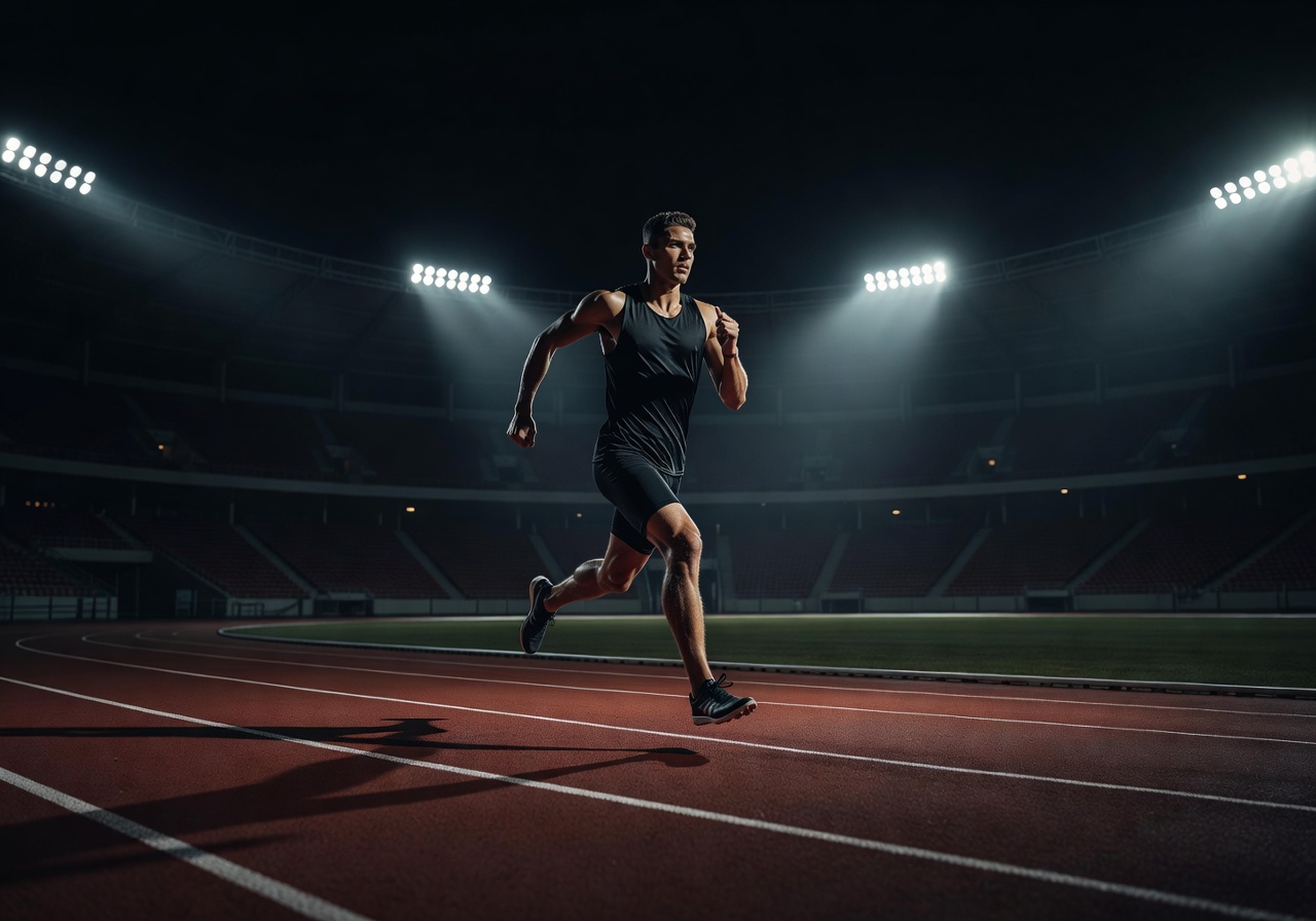 Athlete training in a dark stadium under dramatic lighting