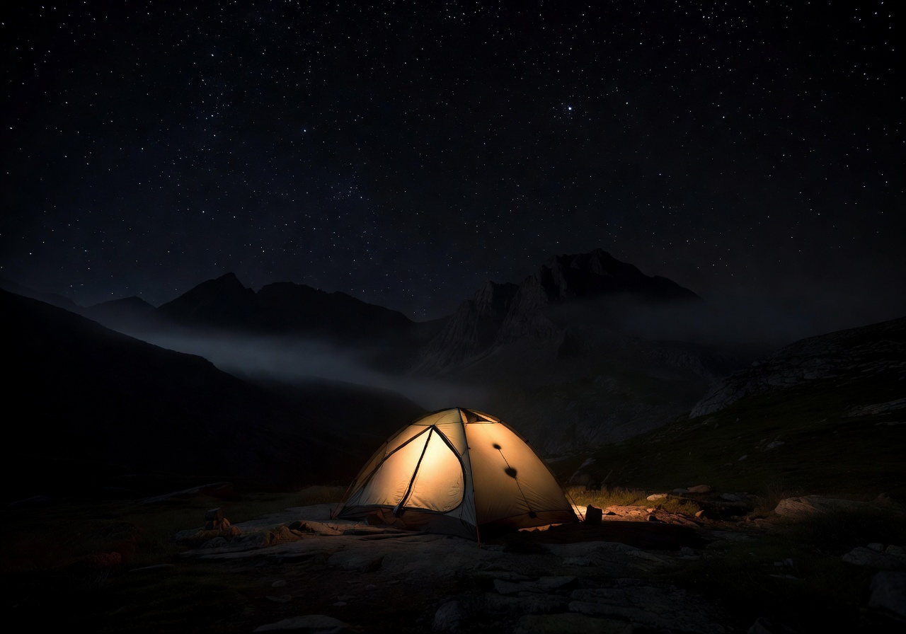 Campers tent glowing from inside at night in the mountains