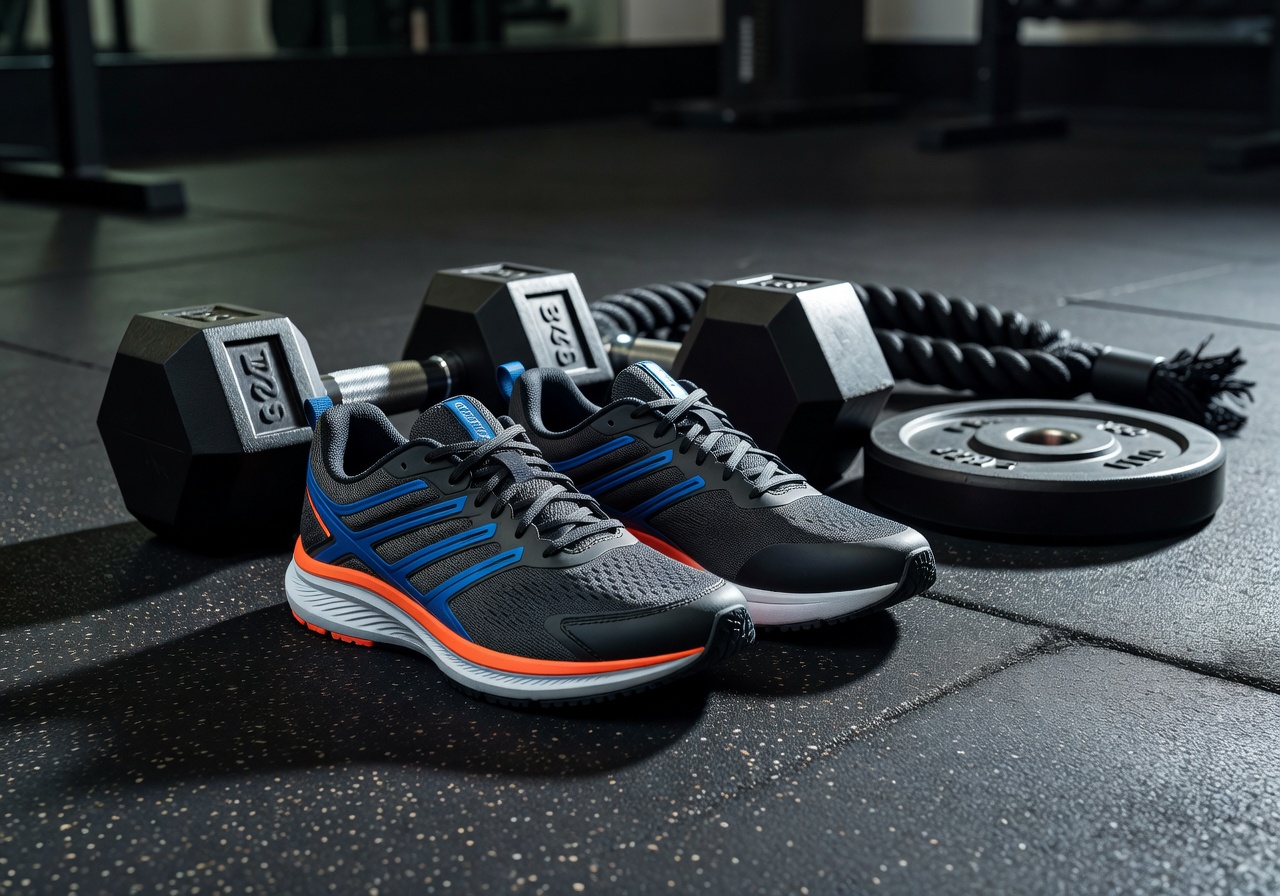 Close up of professional athletic running shoes and weights