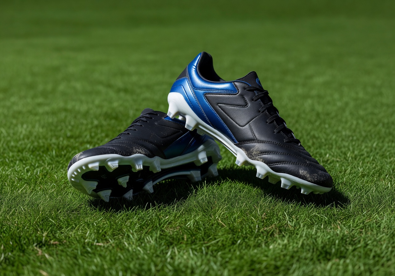 Close up of professional football cleats on artificial turf