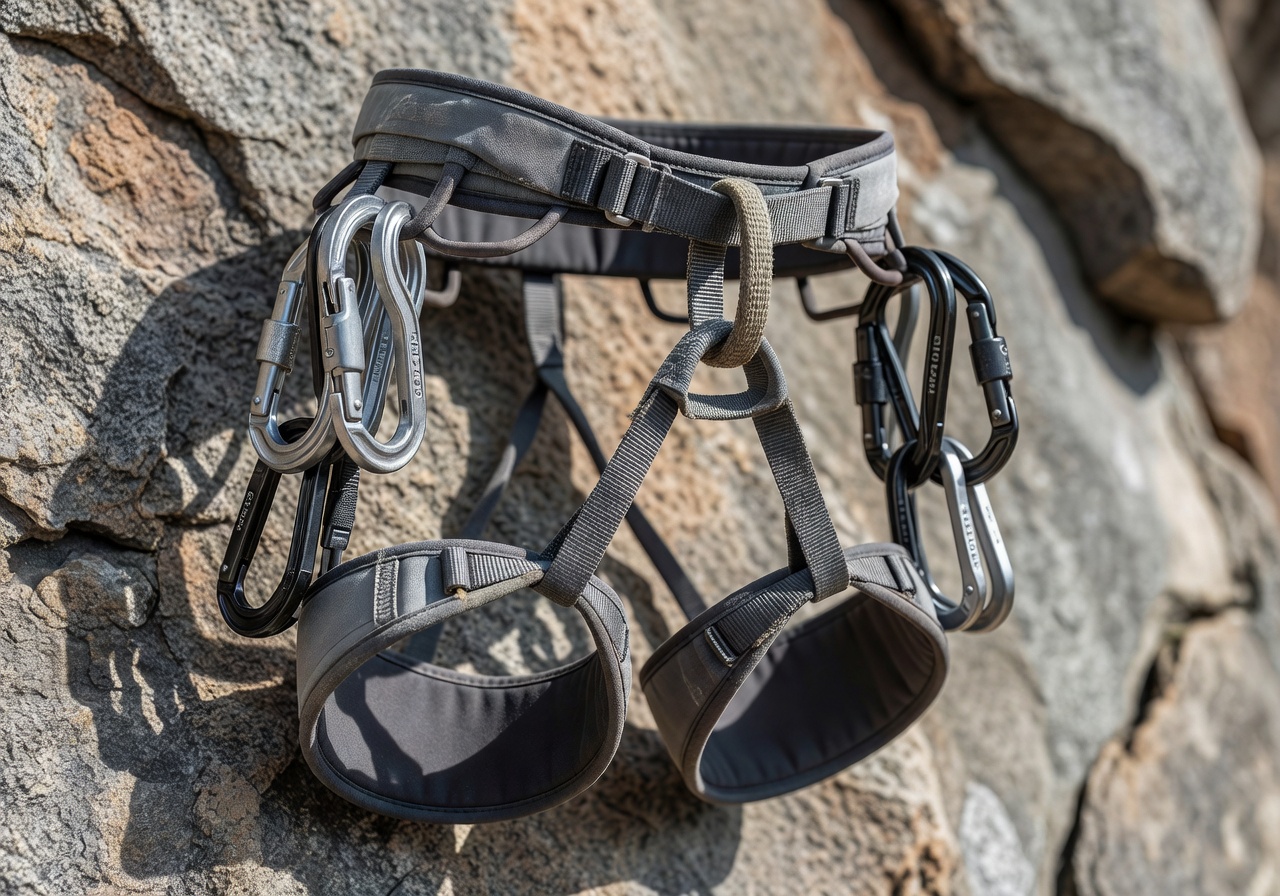 Professional rock climbing harness and carabiners
