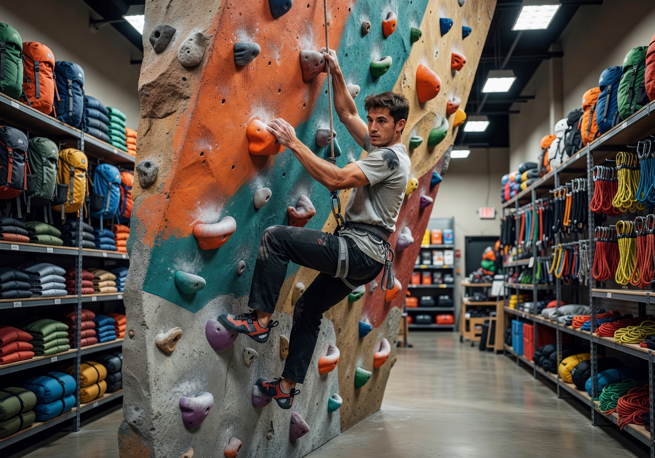 Rock climber scaling an indoor wall at Globetrotter store