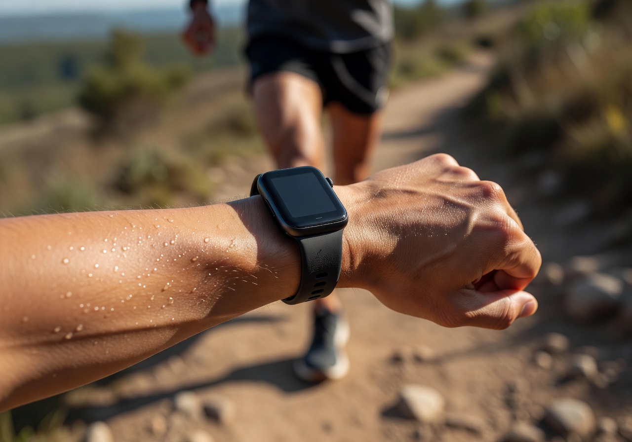 Smart fitness tracker watch on athlete wrist