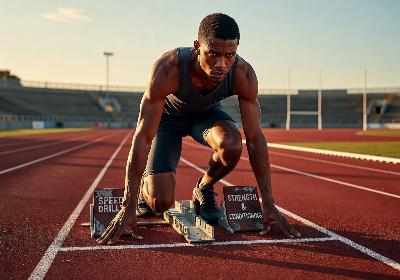 Athlete sprinting on stadium track at night under bright lights